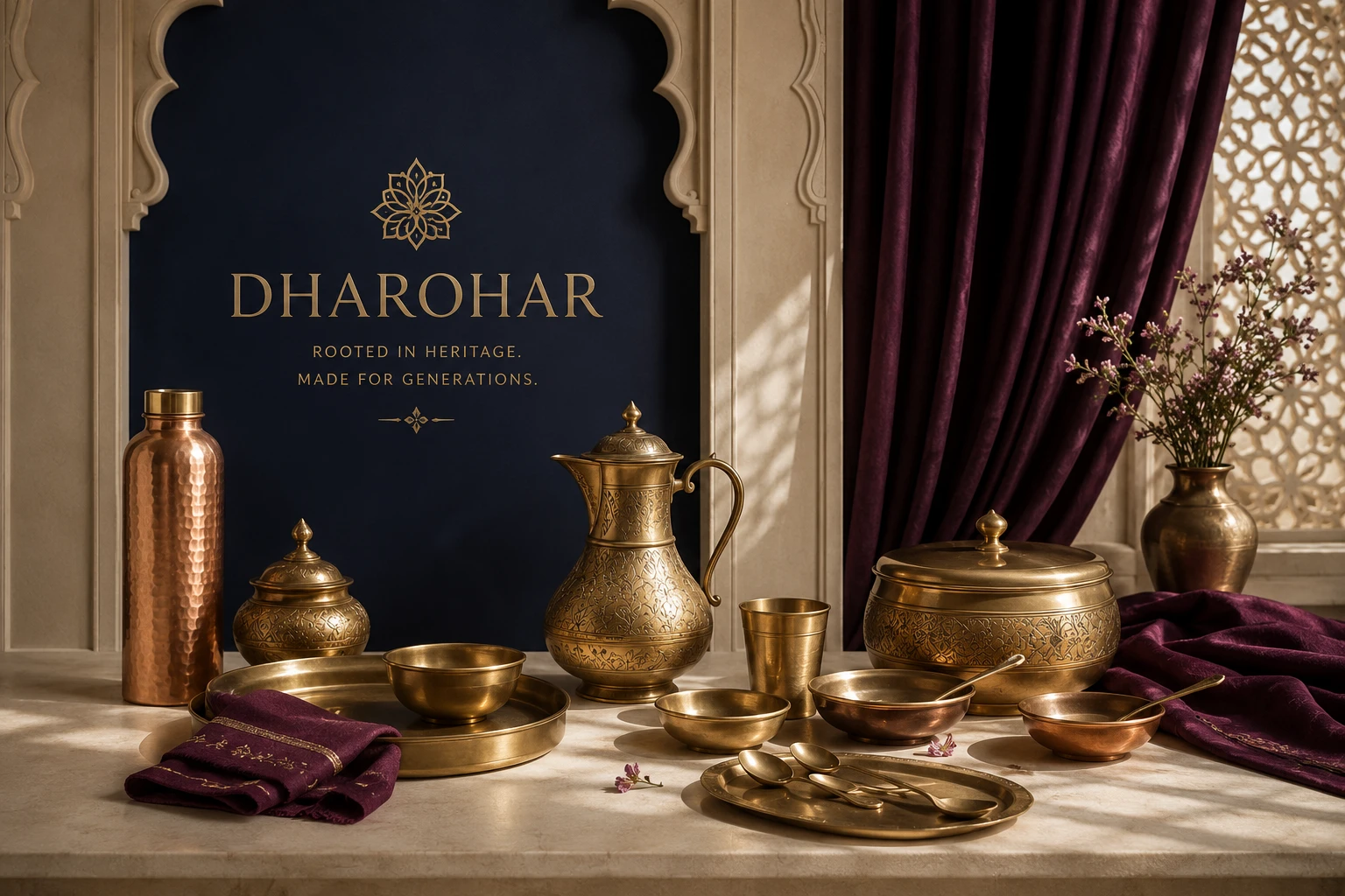 A considered Dharohar table setting with brass and copper vessels